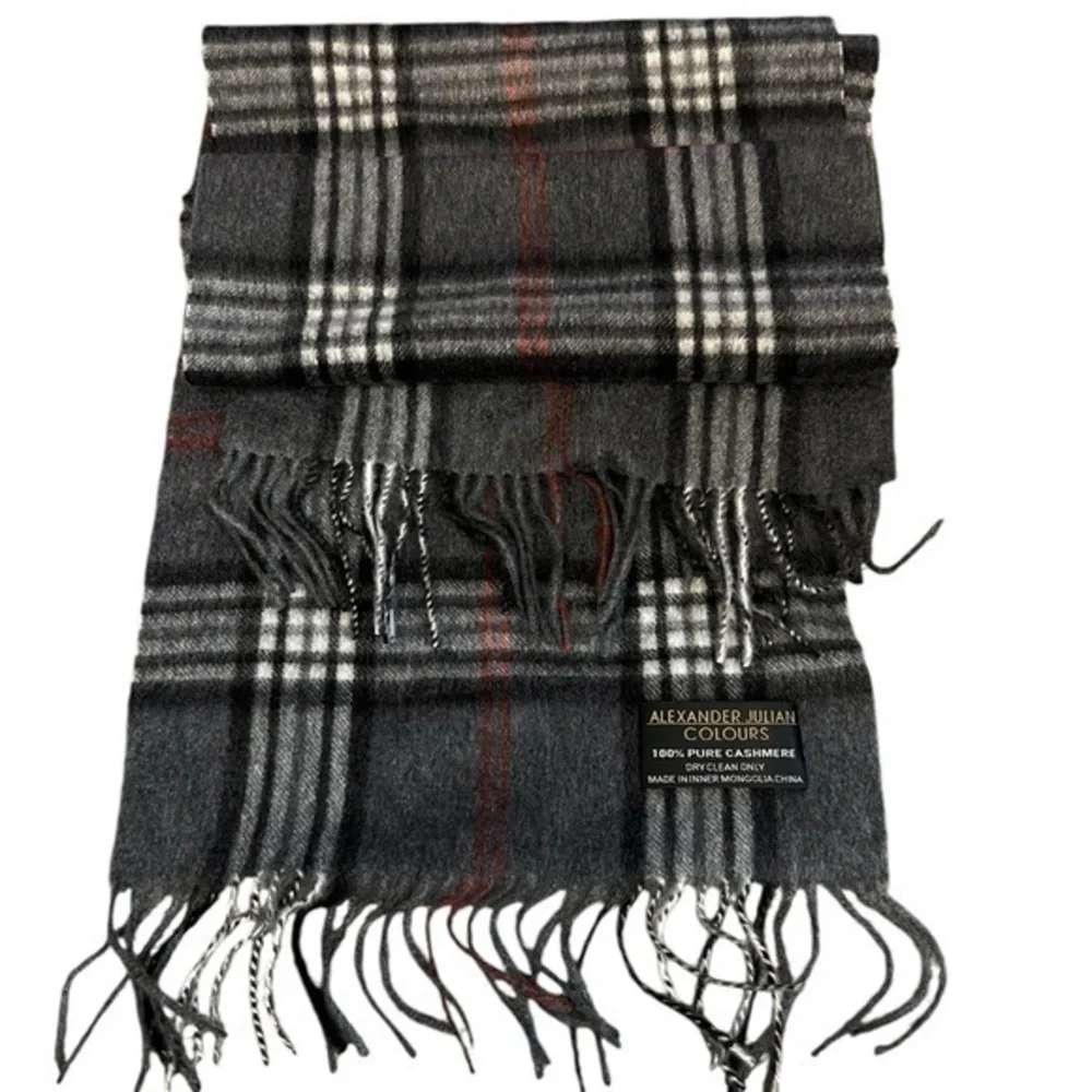NWOT ALEXANDER JULIAN COLOURS 100% Cashmere Gray Black & Red Scarf